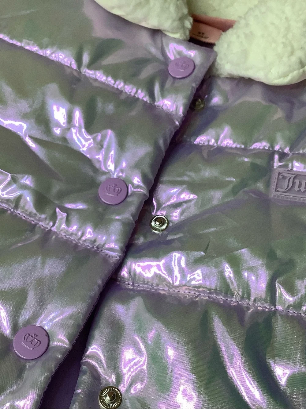 Kids Juicy Couture Iridescent Lavender Puffer Vest with Cream Sherpa Collar
